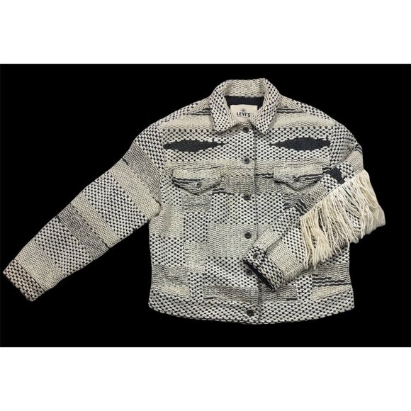 Levi's Made & Crafted Tribal Trucker Fringe Boxy Jacket Size 1 Unisex Blue White - Picture 6 of 10